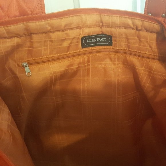 Orange Quilted Ellen Tracy Tote Bag Satchel Carry On Travel Case Weekender - Picture 8 of 12